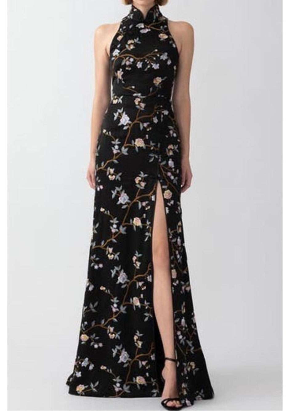new Sau Lee Ariana embroidered high neck gown in black floral
